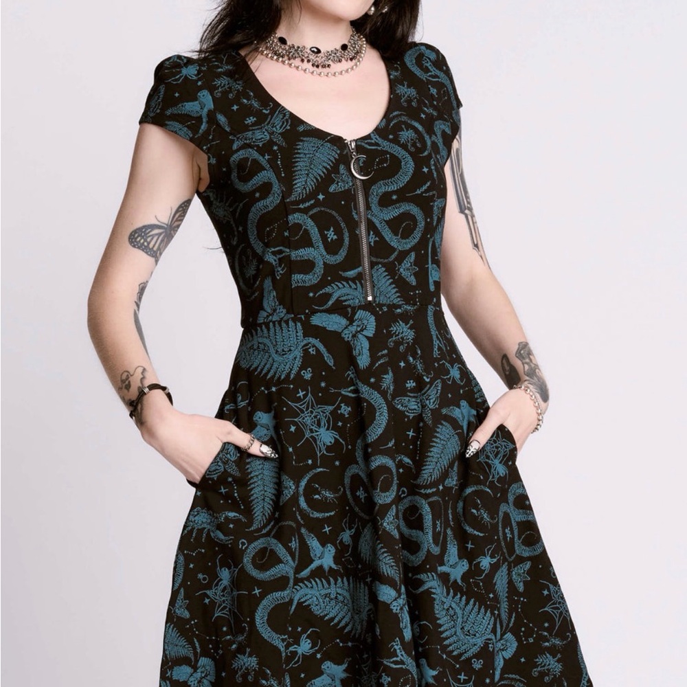 Black & Teal Gothic Fit-and-Flare Dress with Zip Front